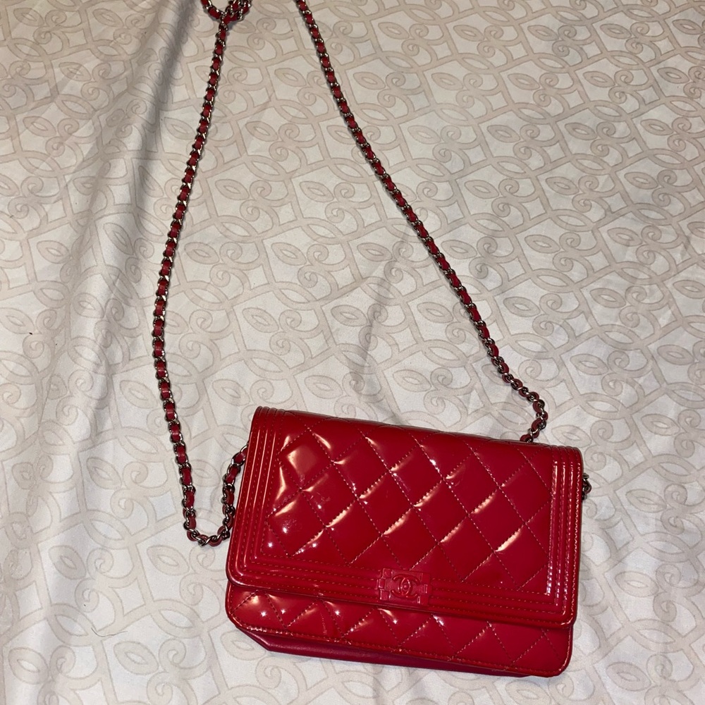 CHANEL Red Patent Quilted Crossbody Bag